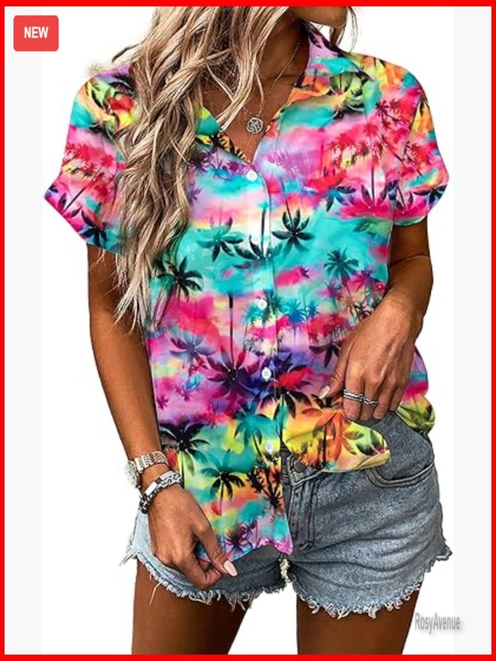 Hawaiian Floral V-Neck Button Down Short Sleeve Blouse Beach Vacation Top
